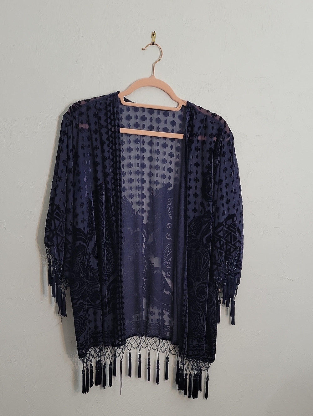 Source Unknown Navy Sheer Fringe Kimono Cardigan